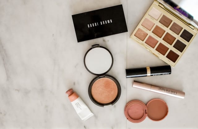 Makeup products laid out